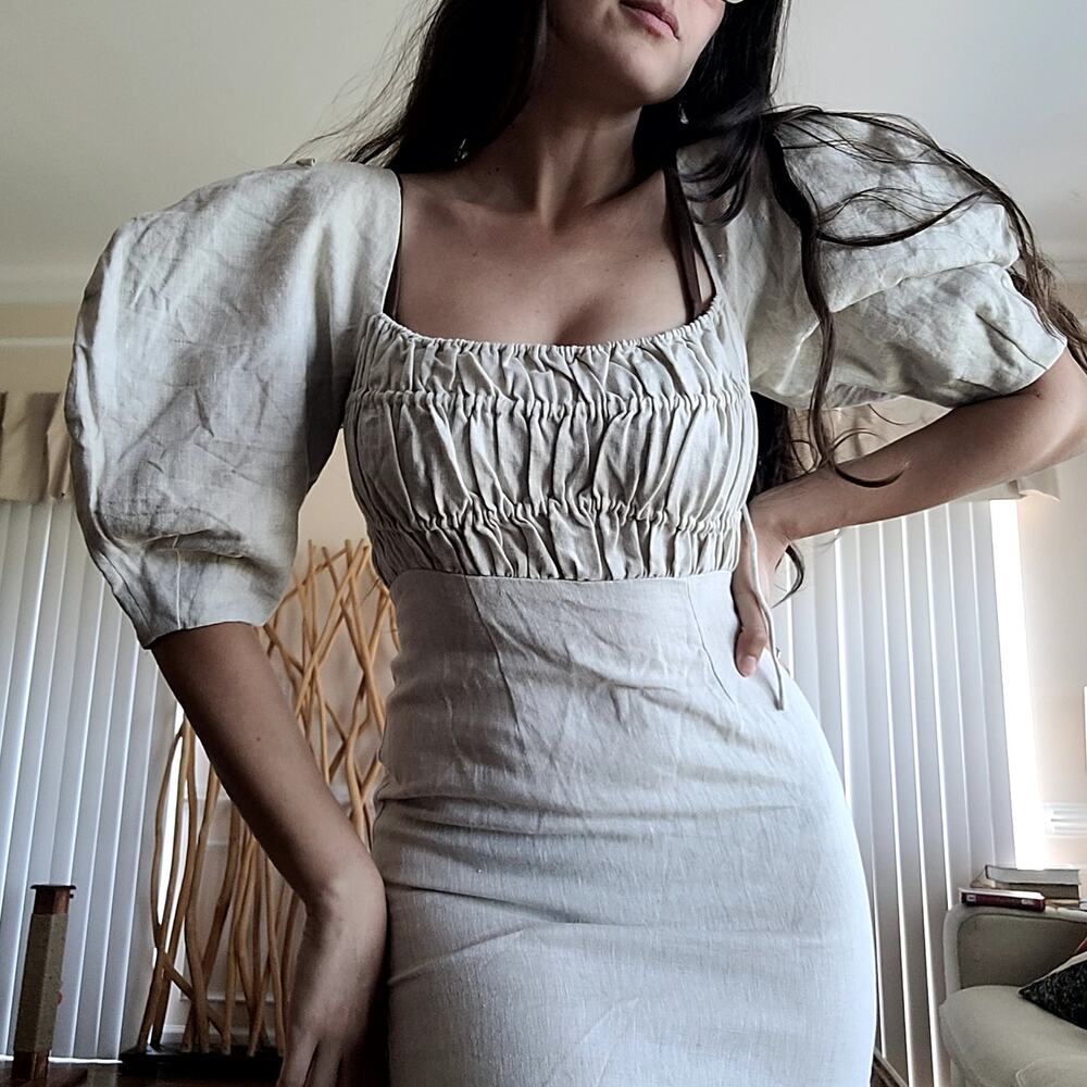 NWOT Song of Style Monet Midi Dress Sz XS Puff Sleeves Linen